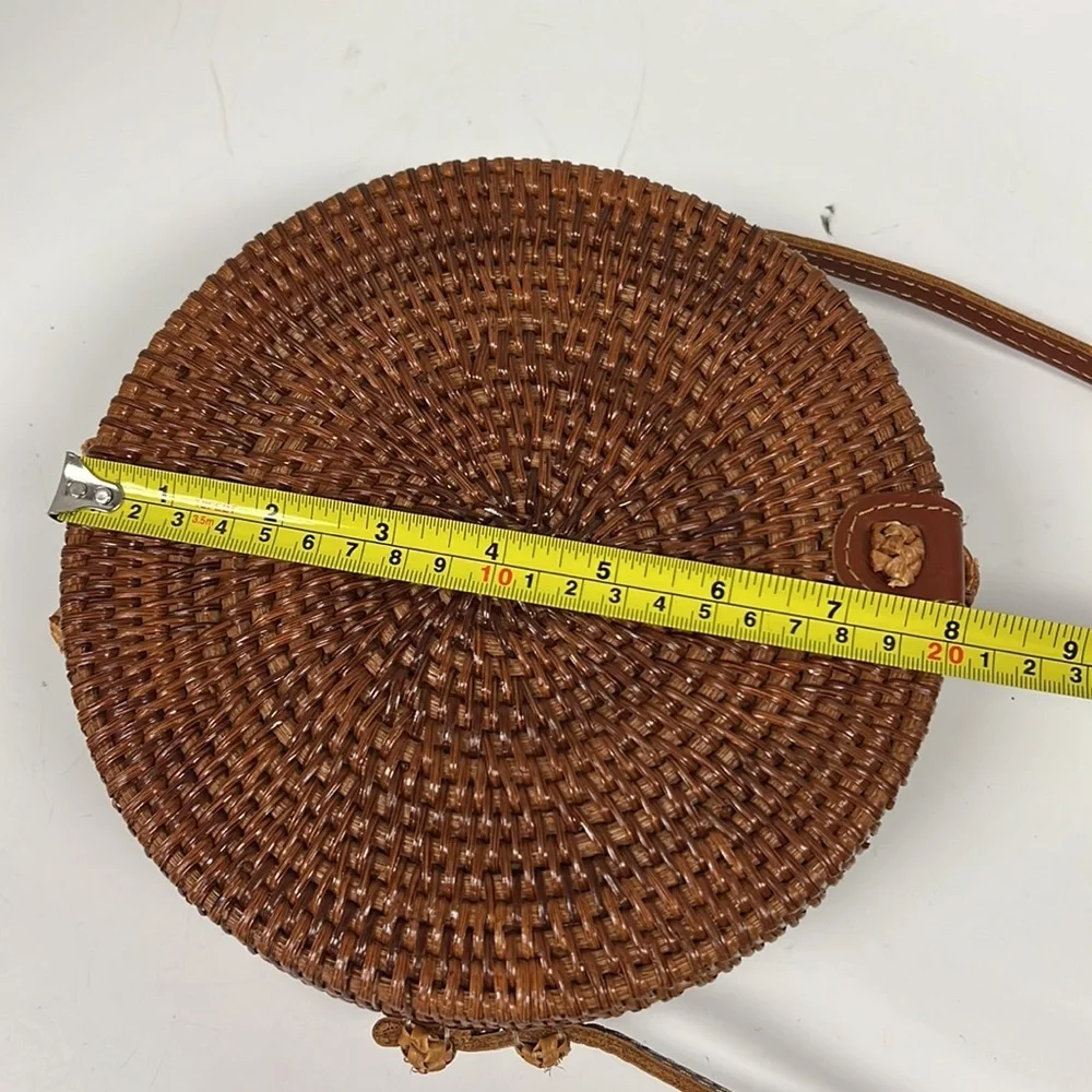 Round Woven Rattan Crossbody Bag | Boho Bali Style | Leather Strap